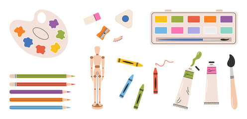 Set of painting tools in flat style. Hand drawn elements for creation and hobby: watercolor paints, wooden mannequin, brushes, pencils, palette, erasers, paint in tubes. Products for artists. 