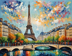 Obraz premium Impressionist painting of Paris: the Eiffel Tower with the Seine