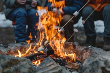People enjoying marshmallow treats around a campfire