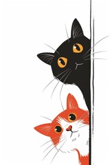 Two cats are looking at the camera from behind a white wall