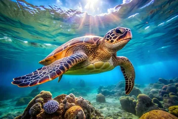 Fototapete Rund Green sea turtle swimming underwater in the ocean.AI GENERATED © SekhSadi
