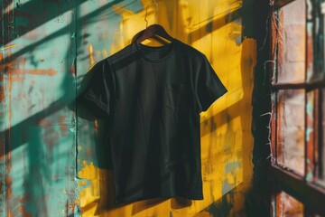 Fototapeta premium A black t-shirt hangs from a yellow wall, simple and clean