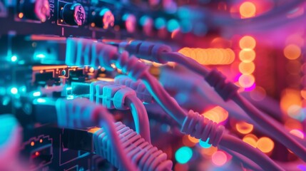 A glowing blur of purple and blue cables and lights representing a high-tech server room.