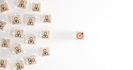 Red dartboard and black arrow connection linkage with human icon for customer focus target group...