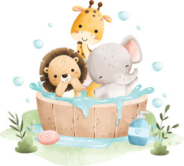Watercolor Illuatration Cute Baby Safari Animals Take Bath
