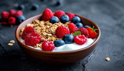 Healthy breakfast. Fresh granola, muesli with yogurt and berries on marble background
