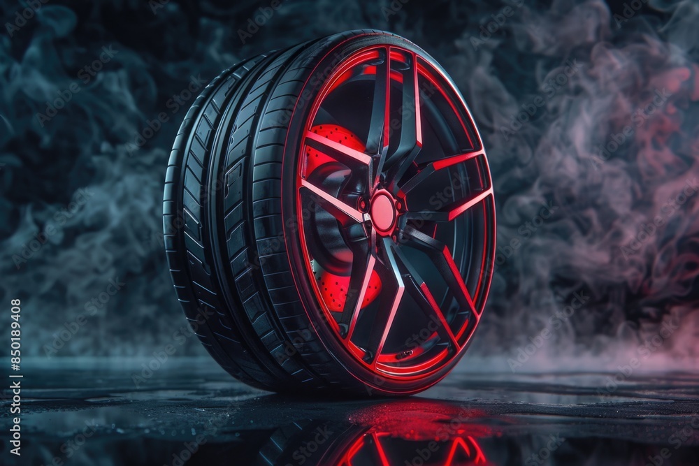 Poster a close-up shot of a tire with distinctive red spokes on a reflective surface, suitable for use in i