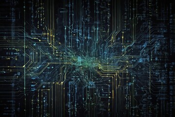 Digital background perfect for tech processes, neural networks, artificial intelligence, data transfer and encryption, digital archives, sound and graphic presentations, science, education