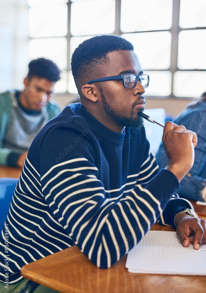 Poster Student, thinking and black man in college classroom for education, test or exam. Idea, university and study in lecture for problem solving, solution or brainstorming for learning knowledge at school