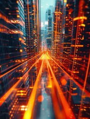 Obraz premium Futuristic cityscape with vibrant lights and glowing lines, depicting technology and innovation in urban development.