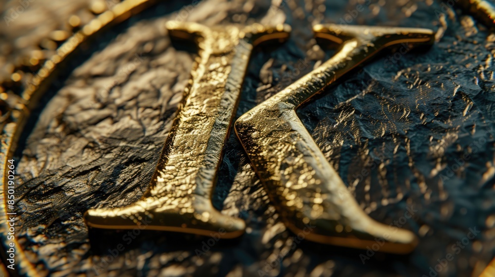 Poster a close-up shot of a gold letter k on a metallic surface, ideal for use in branding or design concep