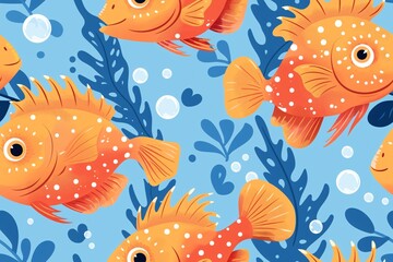 A seamless design featuring a cheerful orange creature swimming among reef flora and bubbles in the ocean, ideal for children's cartoon backgrounds.