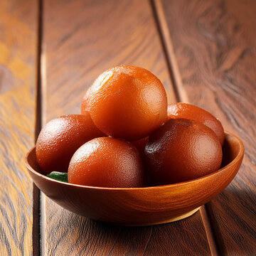 Indian popular sweet food gulab jamun on wooden table 