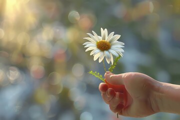 A person holding a single flower in their hand