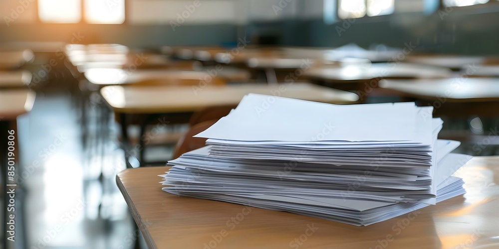 Poster blurry stack of exam papers on classroom table with shallow depth. concept classroom setting, exam p