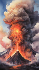 Watercolor painting: A volcanic eruption-triggered lahar racing down a mountainside, its destructive mixture of water and debris a deadly force,