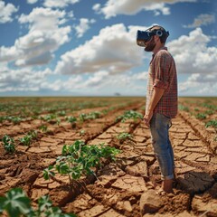 Man using virtual reality headset in a dry, cracked farmland under a partly cloudy sky, exploring futuristic agricultural technology.