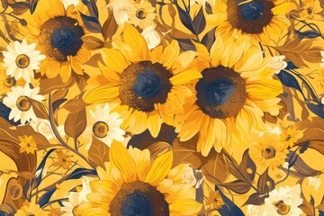 Vibrant Blooms: Seamless Pattern with Graphic Sunflowers and Swirling Vines