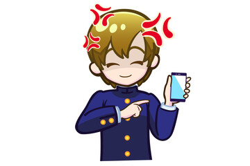 スマホを持って怒る笑顔の男子学生