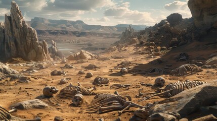 A dry desert valley with piles of the bones of an ancient army in the foreground 