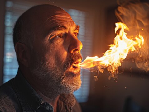 A man is blowing out a flame from his mouth