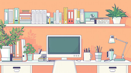Cartoon desk with computer and plant