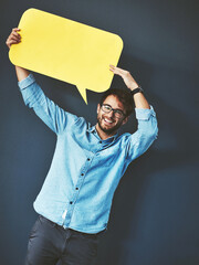 Businessman, portrait and dialogue with speech bubble on studio background for FAQ, company...