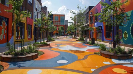 A pedestrian friendly neighborhood adorned with vibrant public art