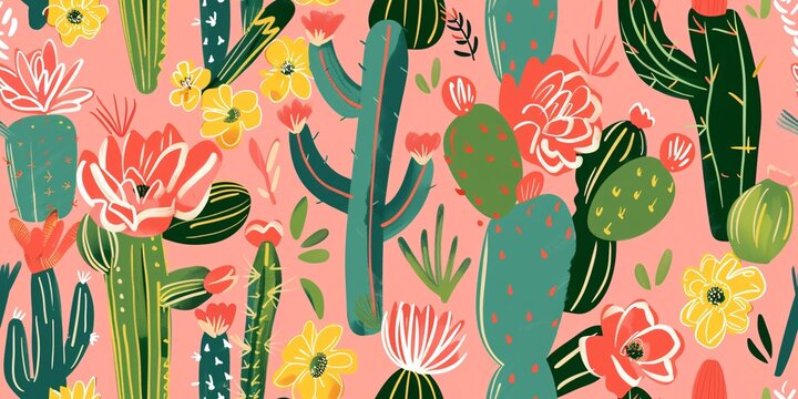 Summer desert motif hand-drawn for fashion fabric with a mix of cacti and blooming succulents.