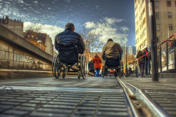 Obraz premium Two individuals with mobility impairments navigating through a urban setting