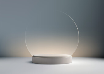 3D white podium stand with circle glass backdrop is perfect for modern interior concept product display mockups