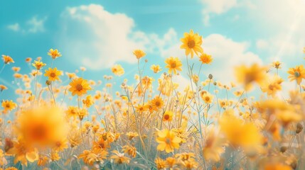 A scenic view of a bright yellow flower field against a clear blue sky, ideal for outdoor or nature-themed projects