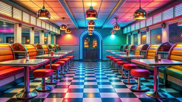 a retro-style diner, bathed in neon lights, offering a nostalgic glimpse into the 1950s American culture