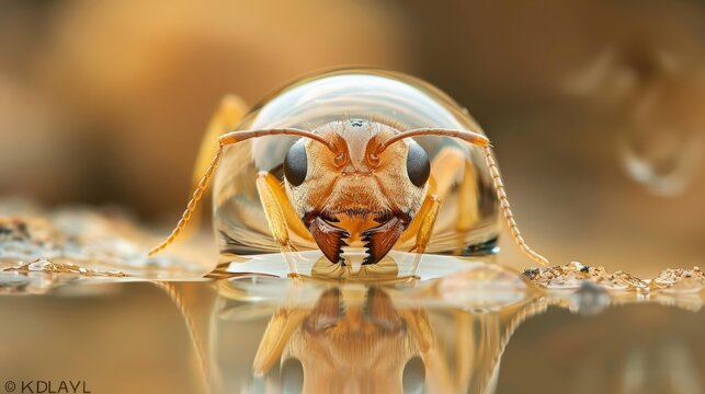 Amazing close-up photo of an ant drinking water droplet on dry ground.