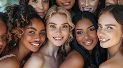 A group of women with different skin tones are smiling for the camera