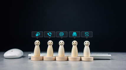 Website contact us or email marketing concept, Customer service support hotline connection. Wood...