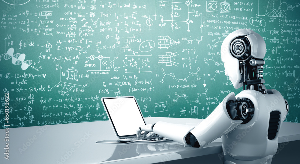 Poster mlp 3d illustration robot humanoid use laptop and sit at table for engineering science studying usin