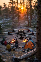 Drone flying over a campsite with people gathered around a campfire and tents in a forest during a beautiful sunset.