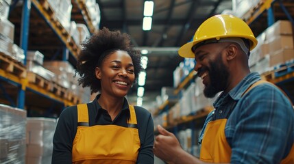 Two elated warehouse associates grinning at each other while documenting stock.