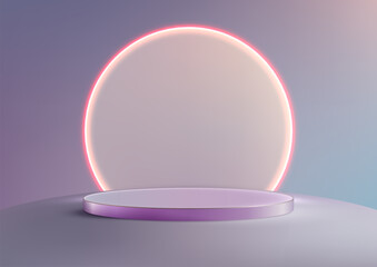 3D Circular Podium with Glowing Pink Neon Rim, Futuristic Technology Concept for Product Display in Bright Background