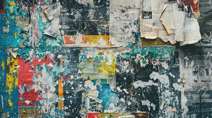 Fototapeta premium A colorful and busy wall covered with various types of papers, notes, and documents