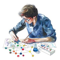 Watercolor painting of a student working on a science project with models and diagrams, on isolated white background, Generative AI
