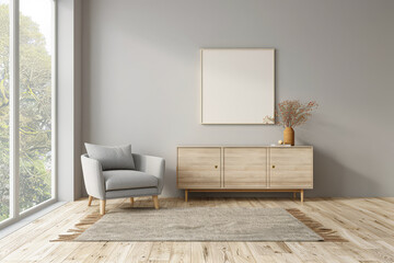 Modern cupboard next to a window. Interior design composition with minimal furniture and copy space.