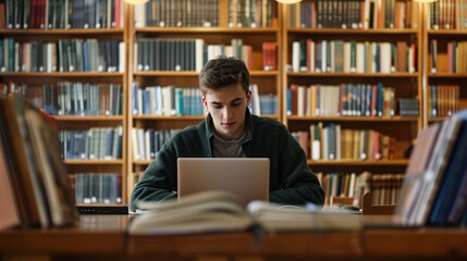 Academic-minded male studying intently in a contemporary library setting, utilizing a laptop and surrounded by scholarly resources to further his college studies.