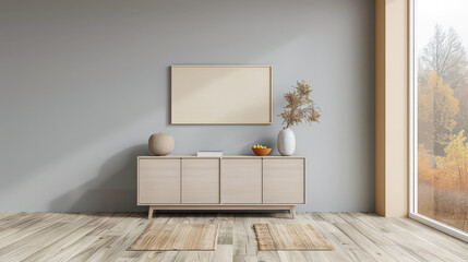 Modern cupboard next to a window. Interior design composition with minimal furniture and copy space.