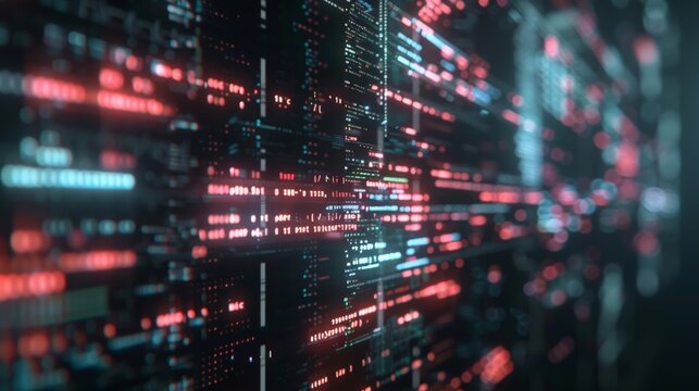 Binary code. Red and blue glowing numbers. Computer language and programming.