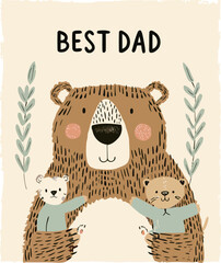 Cute Bear Holding Up His Baby Happy Fathers Day Card Illustration Vector.