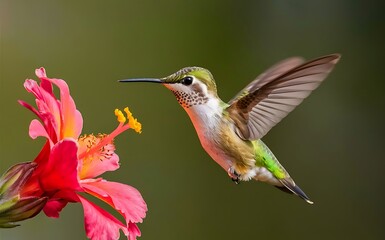 Fototapeta premium A delicate hummingbird mid-flight, hovering near a brilliantly colored flower