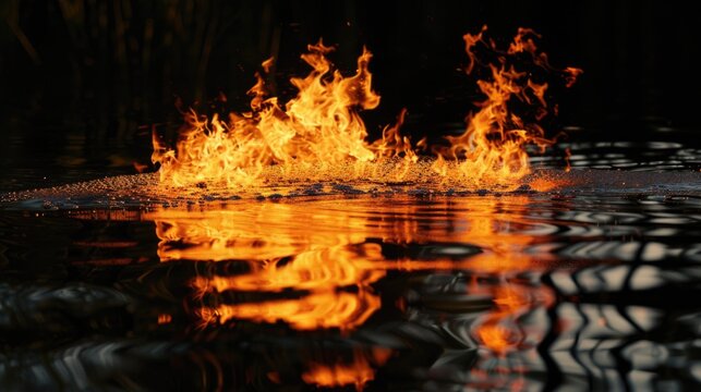 A close-up shot of flames engulfing the surface of a body of water