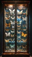 Vintage display cabinet with an exquisite collection of colorful butterflies arranged in various patterns under warm lighting.